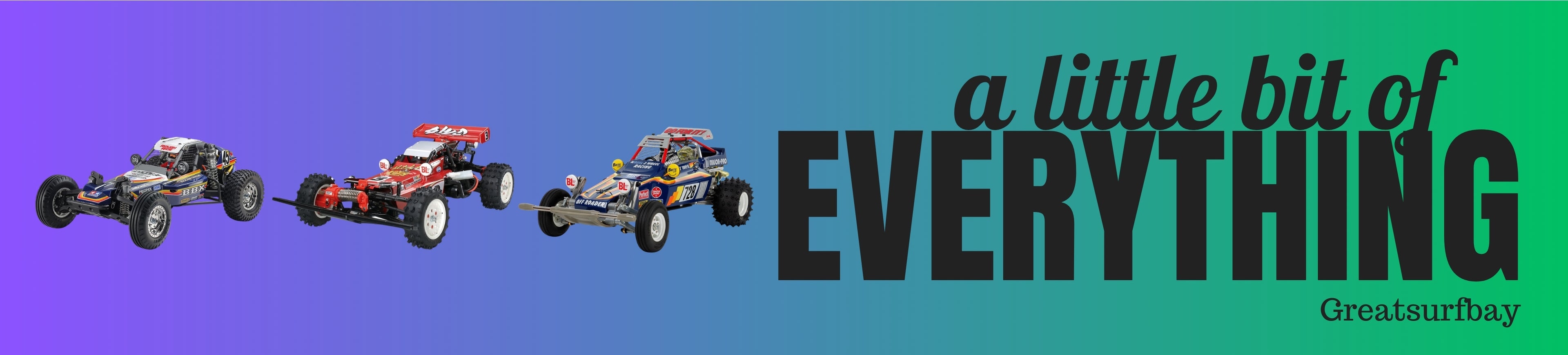 Three toy cars on a gradient background with text 'a little bit of EVERYTHING' and 'Greatsaurbay'.